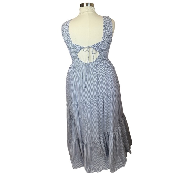 Free People Juno Tiered Maxi Dress Large Blue Striped Cotton Smocked Boho Flowy - Picture 7 of 16